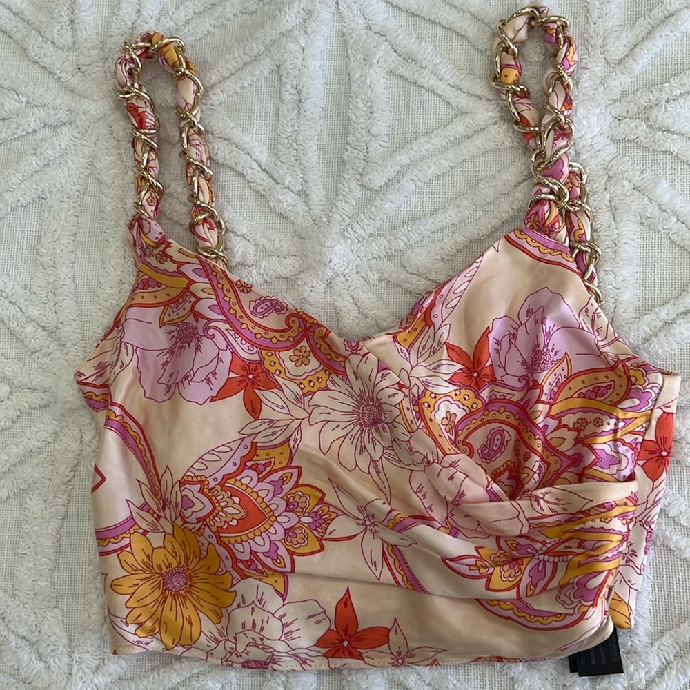 Zara pink orange floral sleeveless crop tan top size small